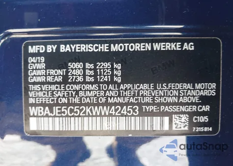 2019 BMW 540 from USA, damaged, VIN WBAJE5C52KWW42453
